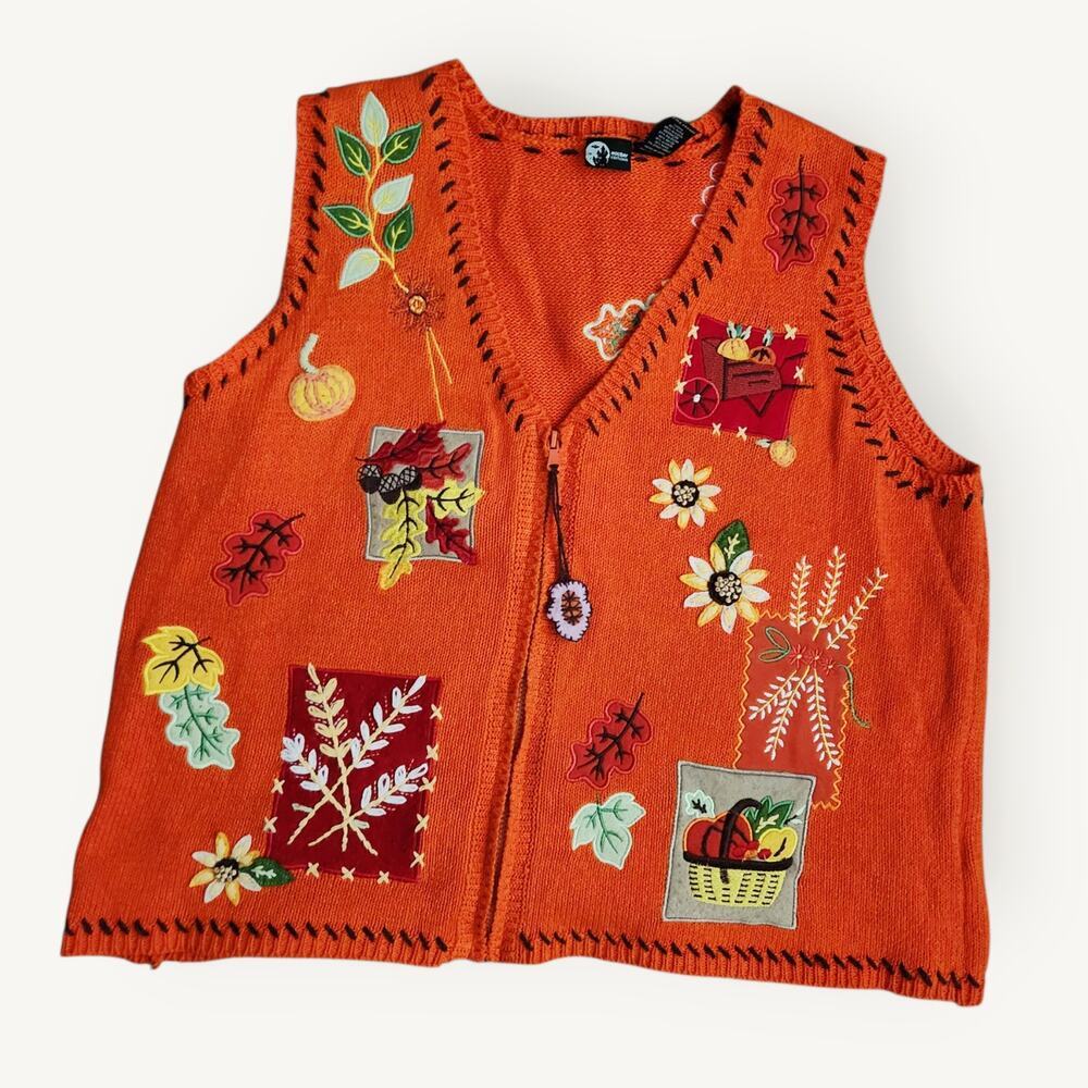 Holiday Editions Fall Knit Vest Womens XL Orange Embroidered Pumpkins Leaves VTG